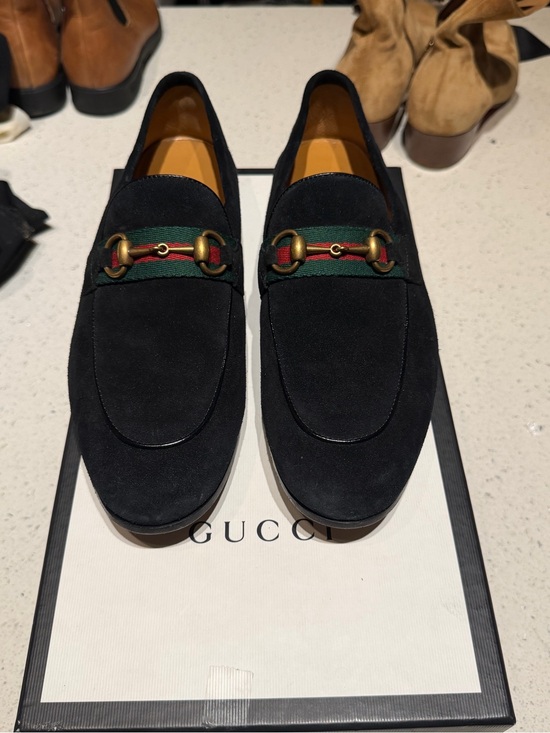 Gucci Black Suede Loafers with Green-Red Web and Gold Horsebit main image 5